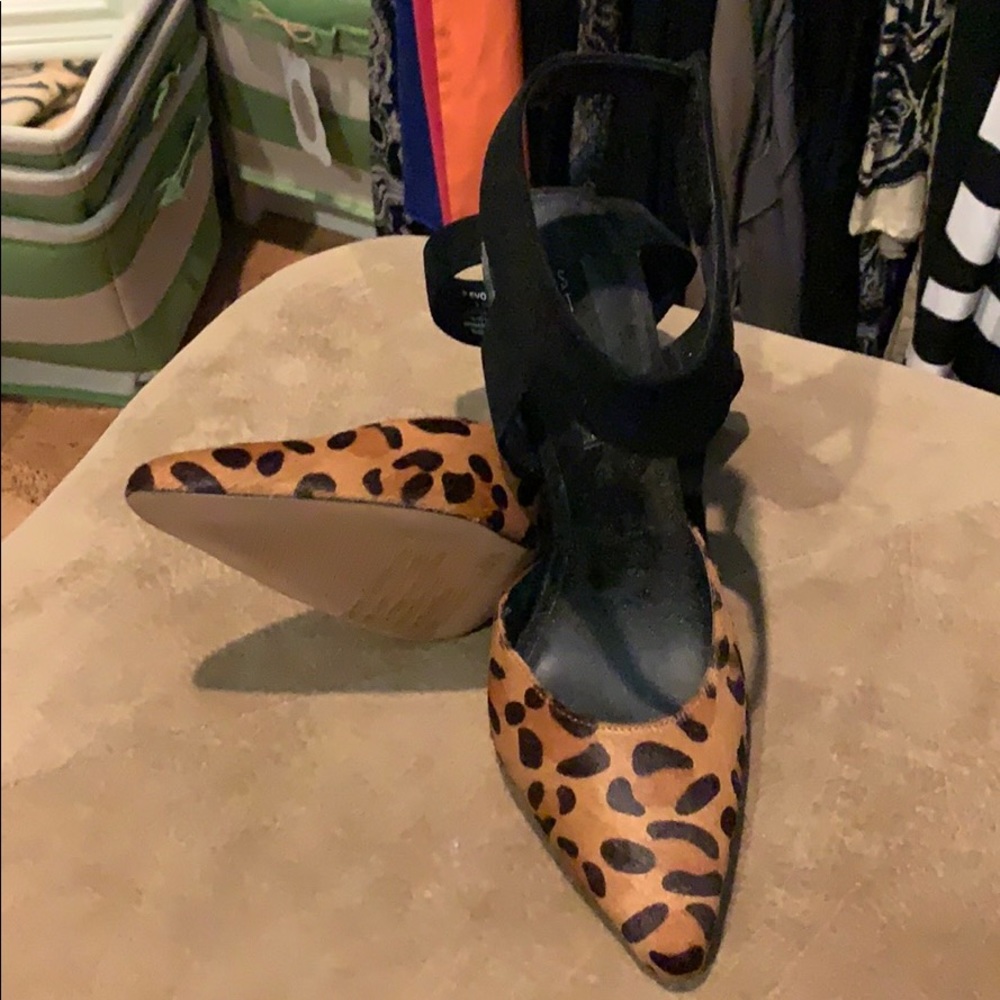 Leopard print pony and black suede ankle straps